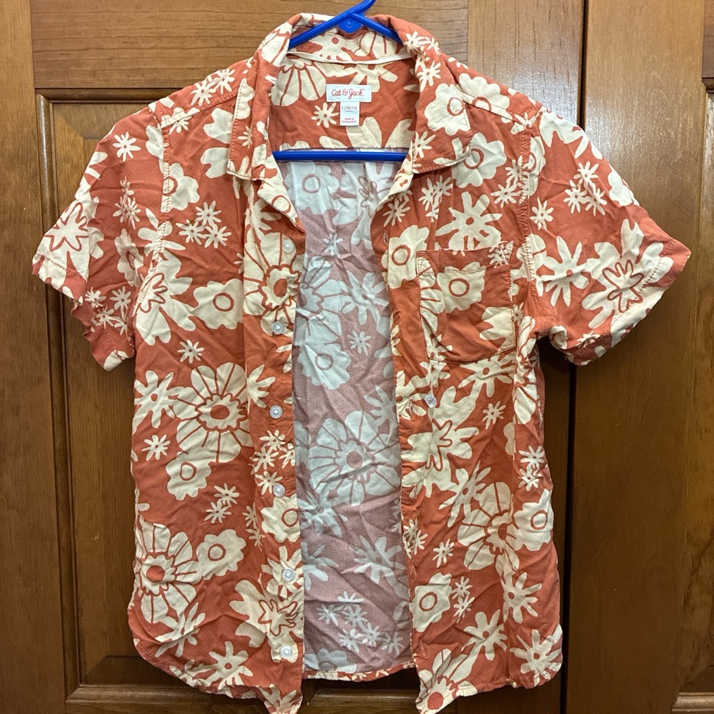 Cat & Jack Kids' Floral Button Down Shirt - Orange and White
